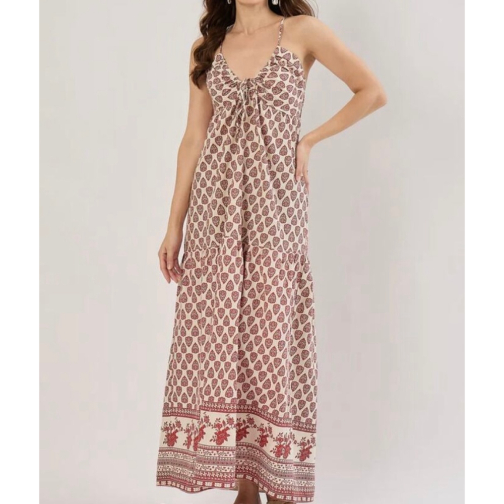 Boho Tie-Front Maxi Dress in Dusty Rose Print